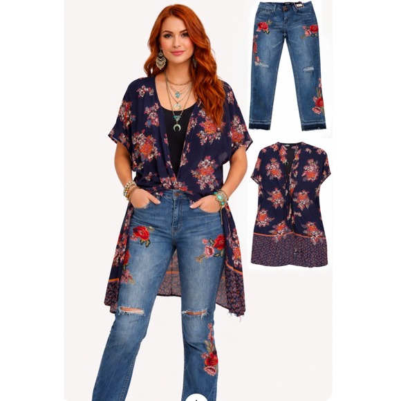 Nanette Lepore Other - Nanette Lepore Embroidered Jeans & Angie Floral Kimono Set NWT Size 8 Large